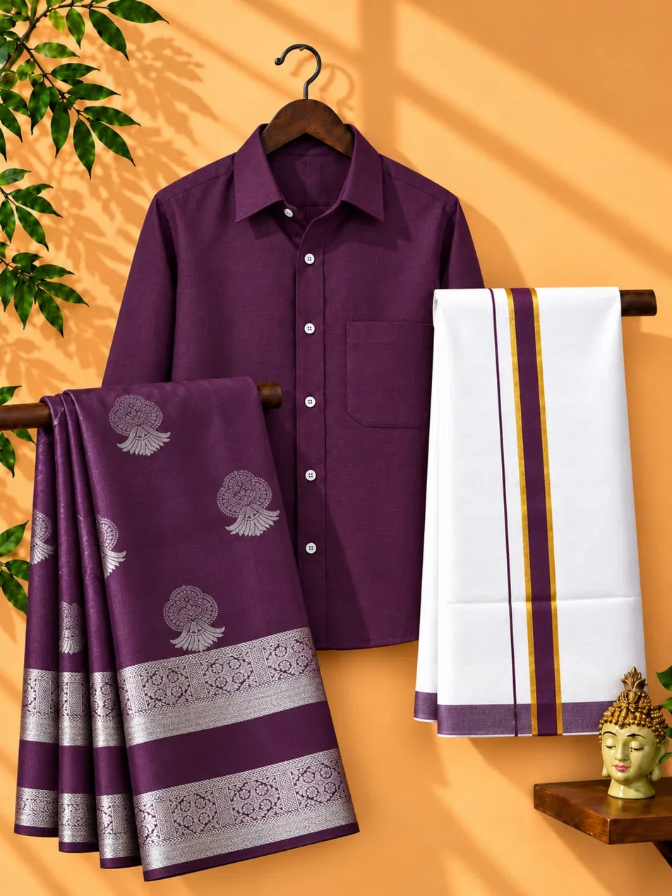 Wine Purple Silver Zari Couple Combo Set